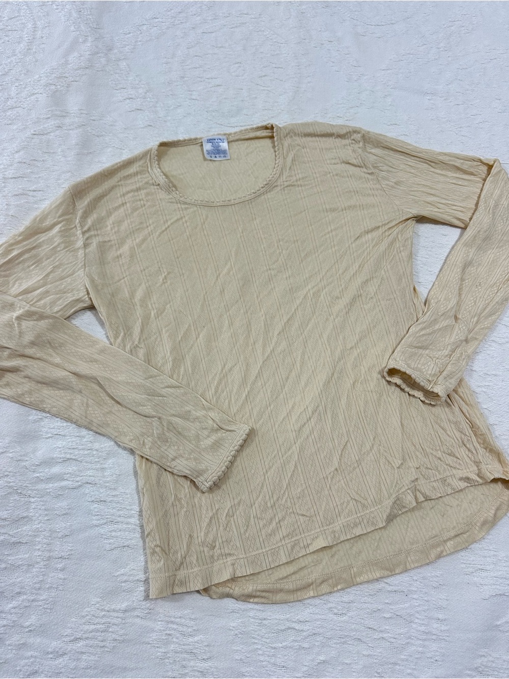 Lands End Beige Long-Sleeve Ribbed Women's Top 100% Silk